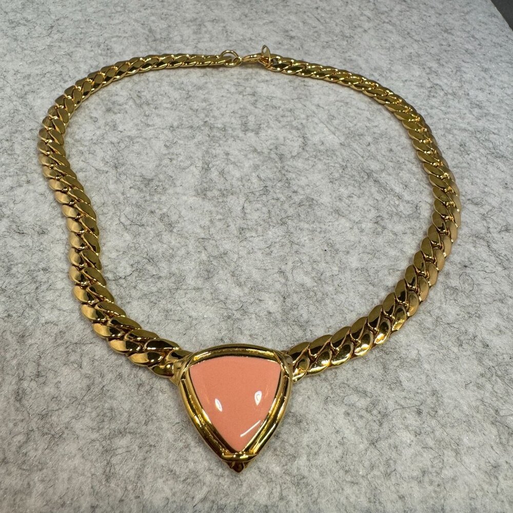 Vintage Trifari Gold Chain Necklace With Pink Triangle Pendant - Picture 5 of 8